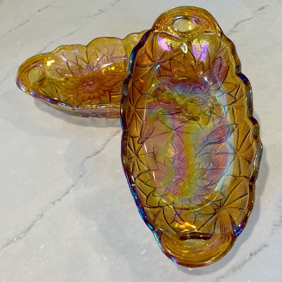 🌟VINTAGE🌟 Indiana Glass Co. Carnival Glass Lily Pons Relish Bowls - Set of 2 - Picture 8 of 8